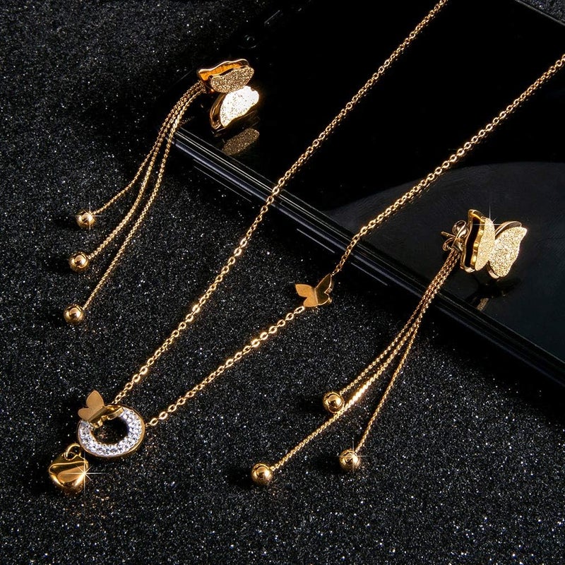 EVEVIC Stainless Steel Butterfly Necklace Earrings Set for Women 14K Gold Plated Hypoallergenic Jewelry Sets (Style-B Goldtone) - Image 3